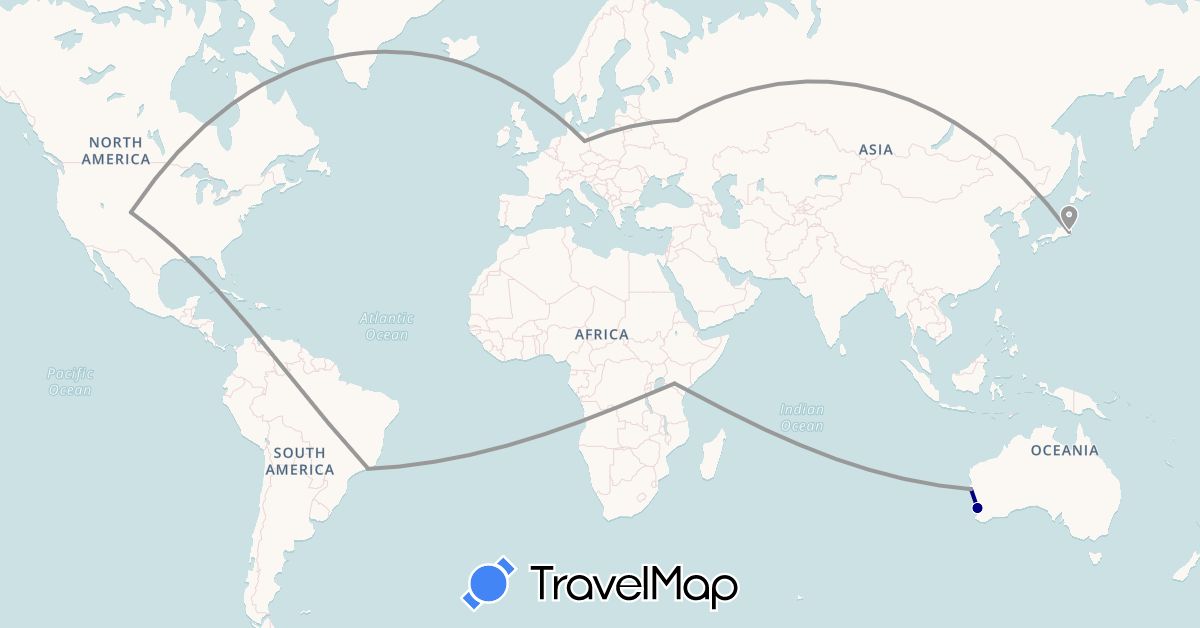 TravelMap itinerary: driving, plane, boat in Australia, Brazil, Germany, Japan, Kenya, Russia, United States (Africa, Asia, Europe, North America, Oceania, South America)